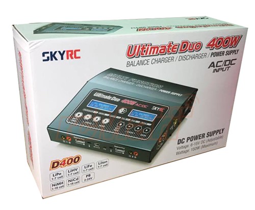   SkyRC D400 Ultimate Duo AC/DC (11-18/220V; 400W; LiXX:1-7S; NiXX:1-18S; Pb:2-24V; C:20A; D:5A; DC Out:6-15V/10A)