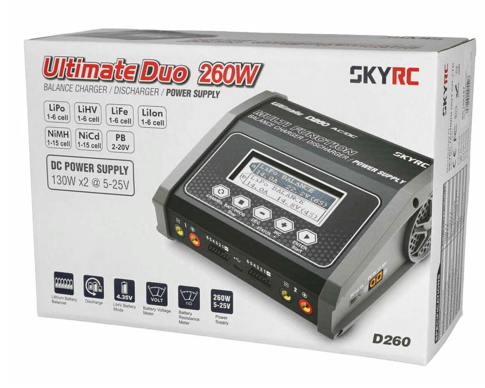    SkyRC D260 AC/ DC (11-18/220V; 2x130W; DC Out; LiXX:1-6S; NiXX:1-15S; Pb:2-20V; C:14A; D:2A)