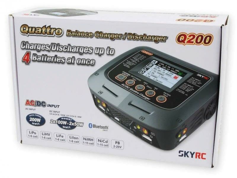 Четырехканальное зарядное устройство SkyRC Q200 AC/DC с Bluetooth (11-18/220V; 200W; LiXX:1-6S; NiXX:1-15S; Pb:2-20V; C:10A; D:2A)